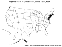 Map: Reported cases of Lyme disease in the United States, 1999.